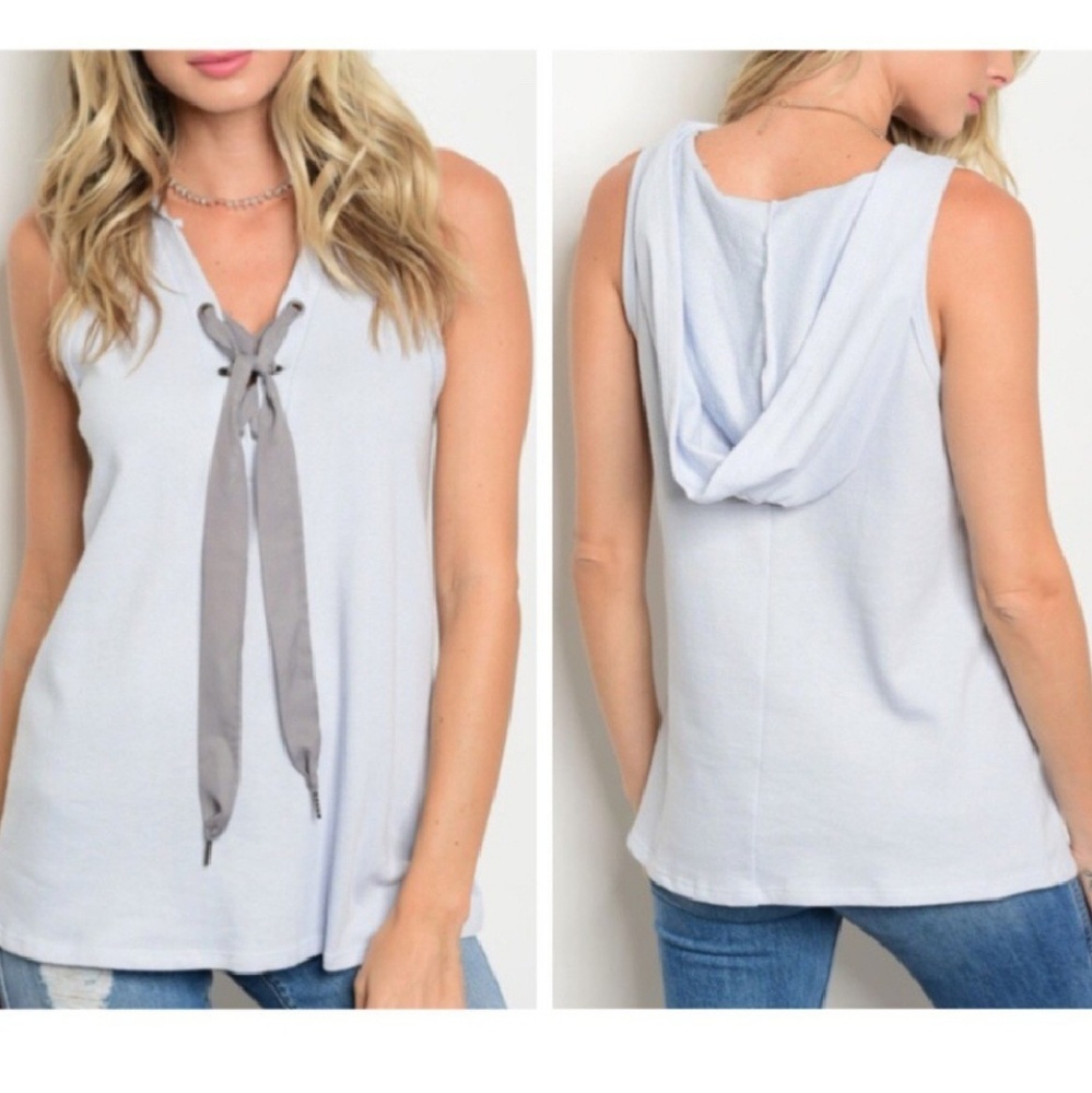 NWT Hoodie Tank Cotton Terry Laced Front Blue M L